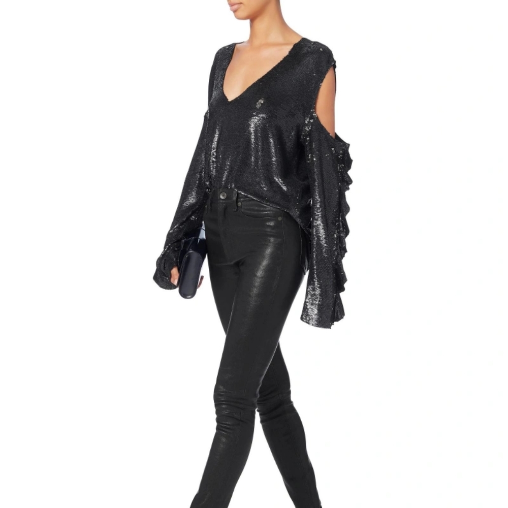 IRO Sequin Cold Shoulder Long Sleeve Ruffle Top XS